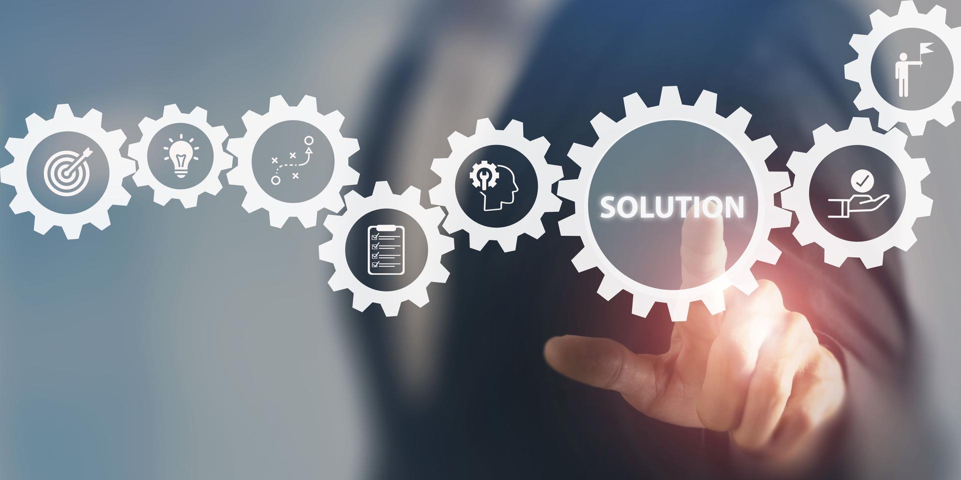 Business solution concept. Business strategies, tools for utilizing the resources and techniques to improve efficiency, productivity and profitability. Problem management and solution driven concept.